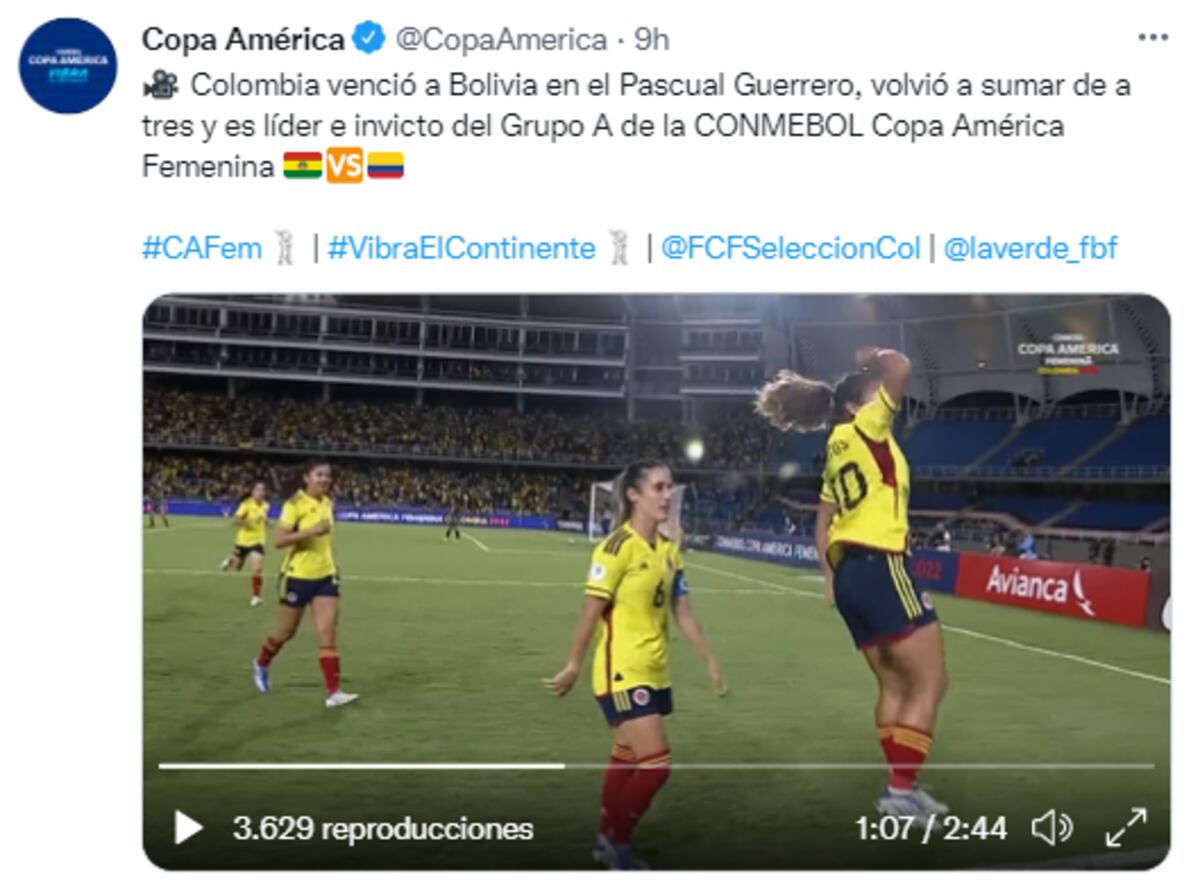 Tweet derrota de Bolivia ante Colombia. (Prensa Copa América)