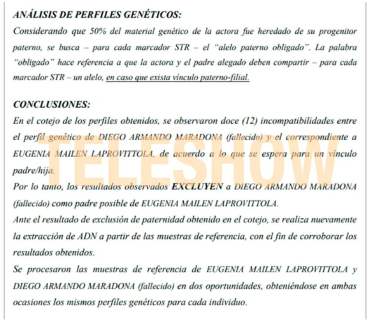 Los estudios revelaron que Eugenia Mailen Laprovittola no es hija de Diego Maradona.