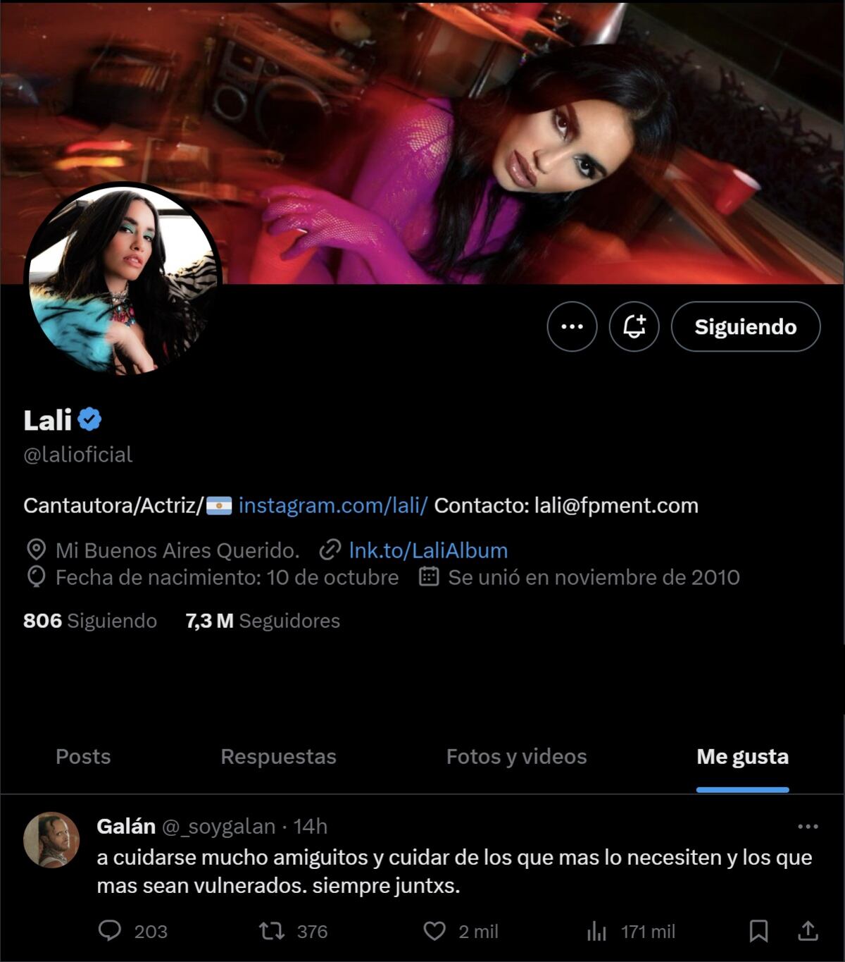 Lali y un "me gusta" que reflejó su opinión tras el triunfo de Javier Milei (Captura de pantalla)