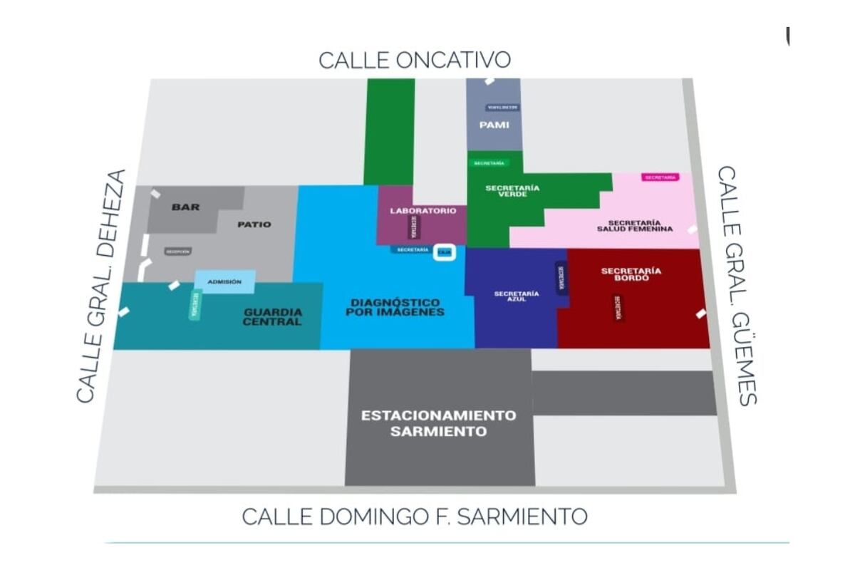 Nuevo plano: el Sanatorio del Salvador cuenta con acceso por las cuatro calles Sarmiento, Güemes, Deheza y Oncativo. (Foto: Sanatorio del Salvador)