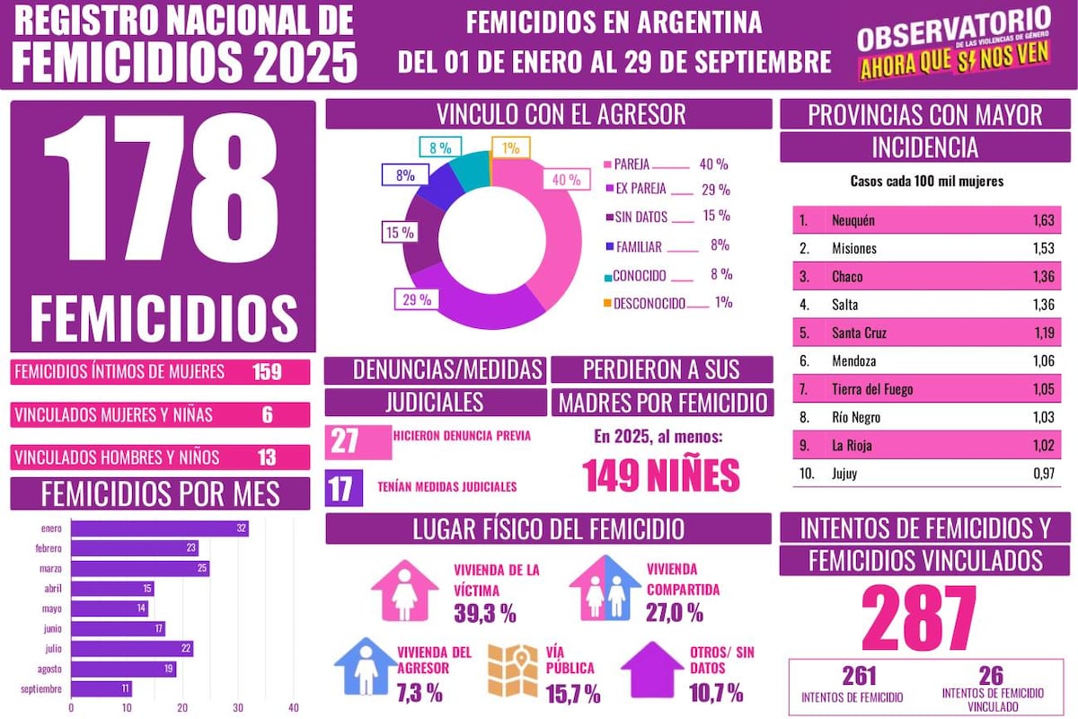 Según el Observatorio “Ahora Que Sí Nos Ven”, entre el 1 de enero y el 29 de septiembre de 2025 se registraron 178 femicidios y 287 intentos de femicidio en el país.