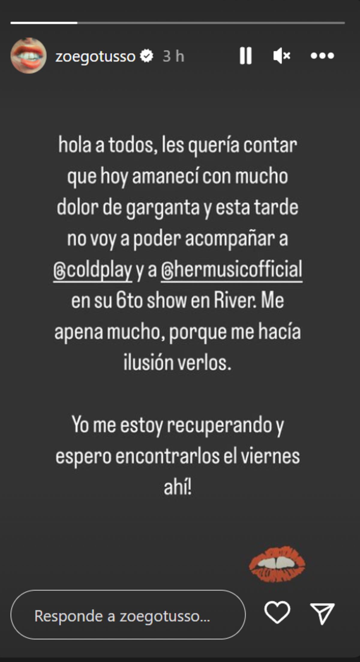 Zoe habló de su malestar y su ausencia en Coldplay. (Instagram @zoegotusso)