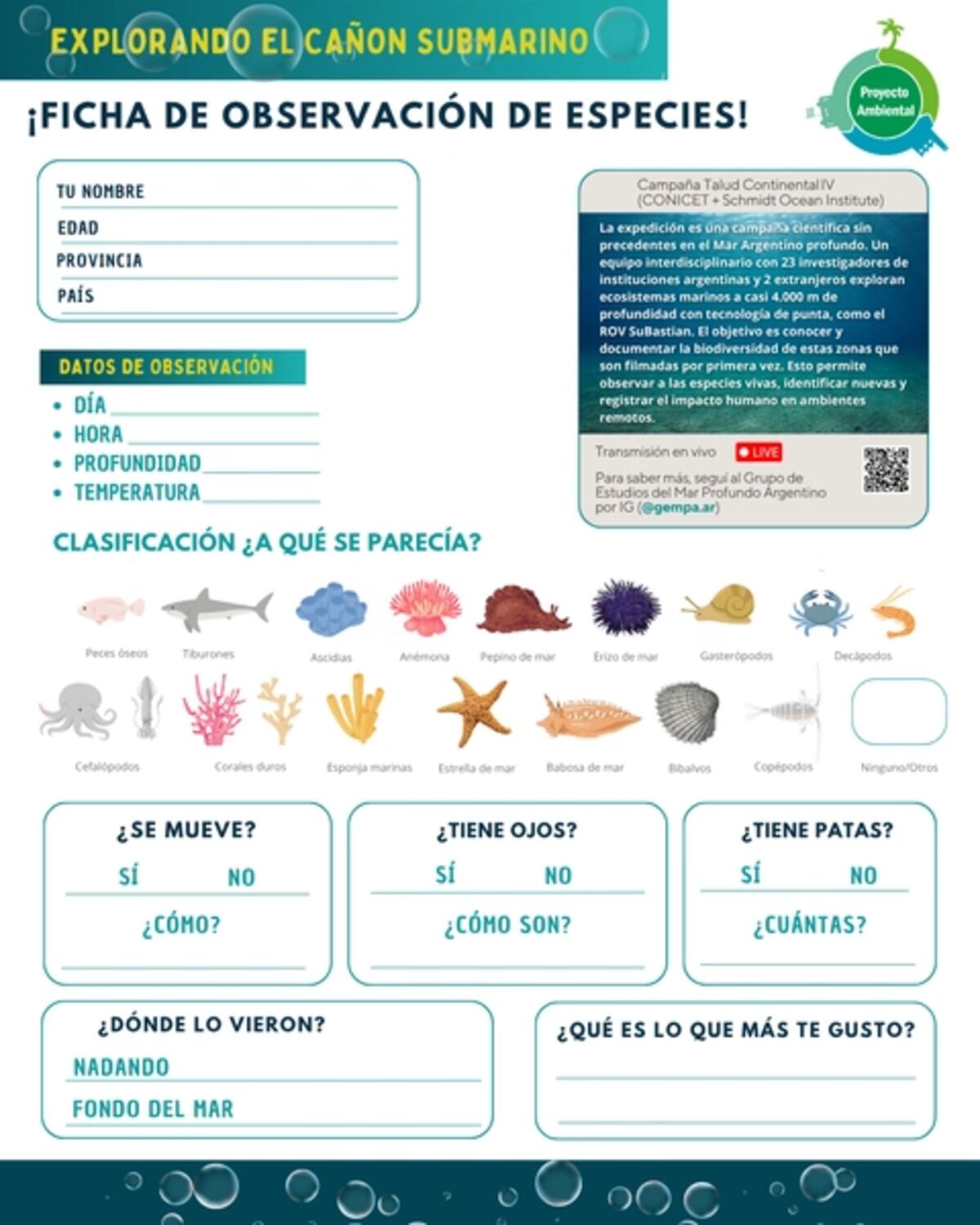 La ficha de observación para seguir en vivo la transmisión del Conicet (Proyecto Ambiental).