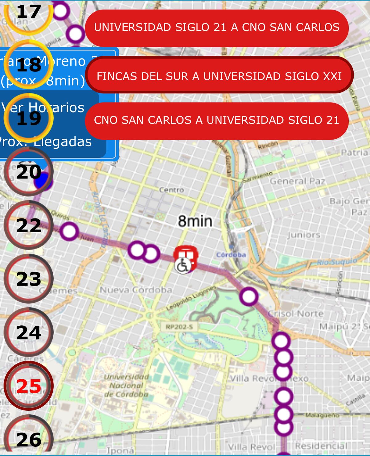 Arriba de cada icono de colectivo, aparece el tiempo que tardará en llegar según la palabra seleccionada.