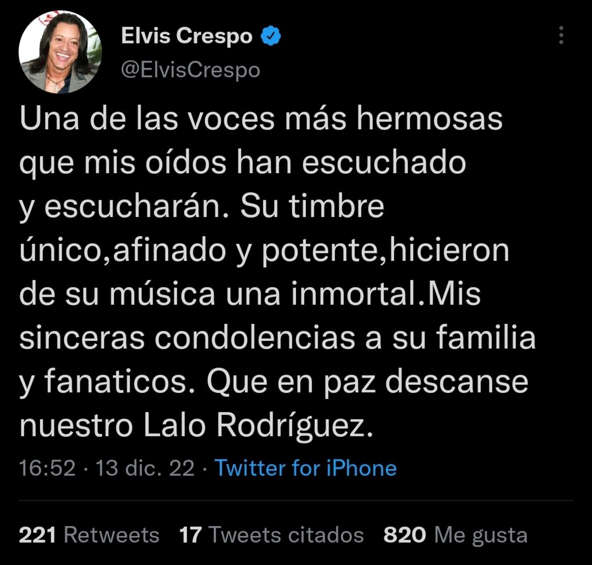 Falleció Lalo Rodríguez: El sentido homenaje de Elvis Crespo en Twitter (Captura de pantalla)