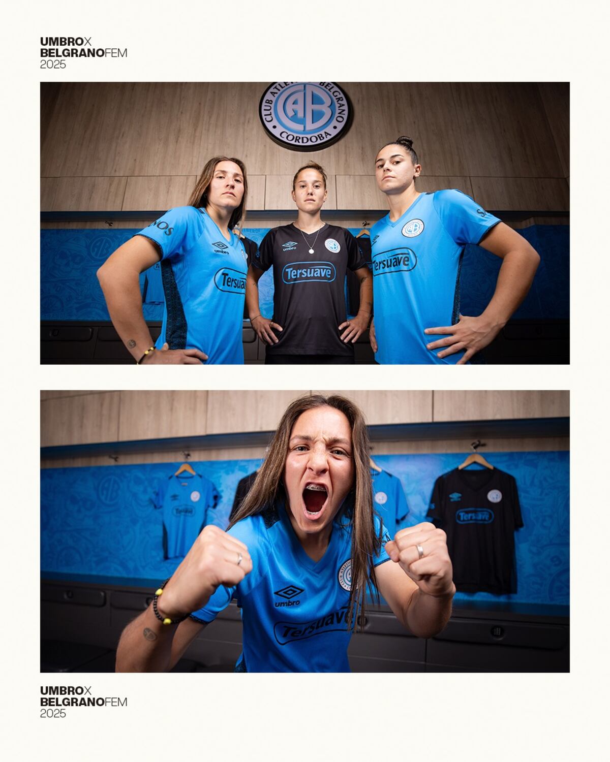 El equipo femenino de Belgrano presentó su nueva camiseta Umbro y confirmó la continuidad del patrocinio de Bergallo y Pastrone hasta 2026. (Prensa Belgrano)