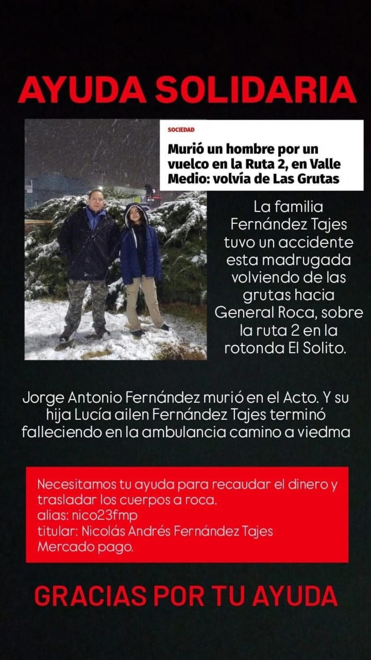 El pedido de ayuda publicado por familiares y amigos de las víctimas en Facebook. (Foto: gentileza)