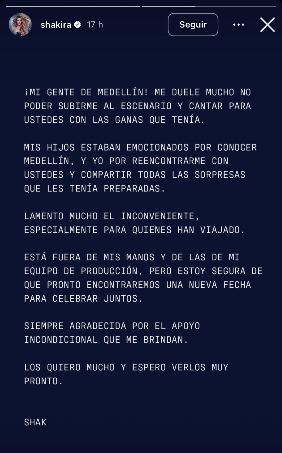 Shakira pidió disculpas por la cancelación a través de sus historias de Instagram (Captura de pantalla)
