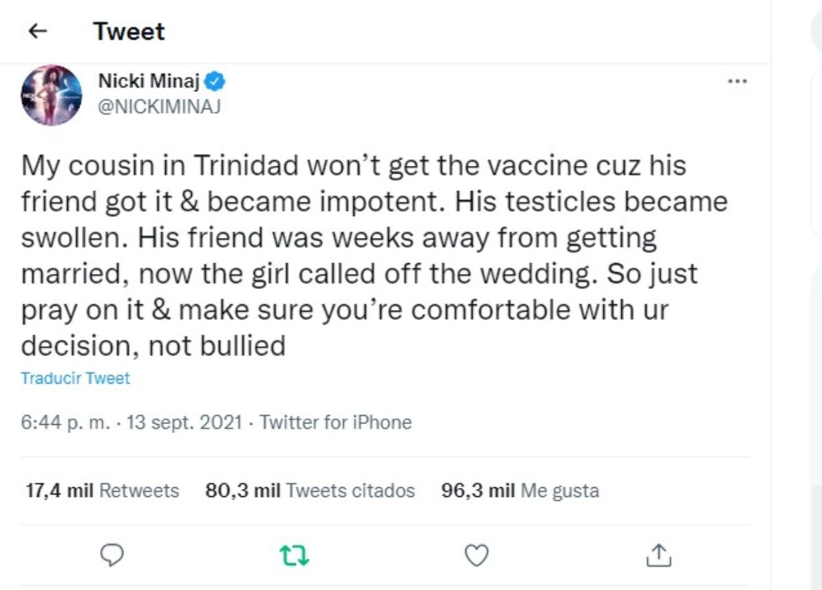 Nicki Minaj no está tan segura de vacunarse. (Twitter @NICKIMINAJ)