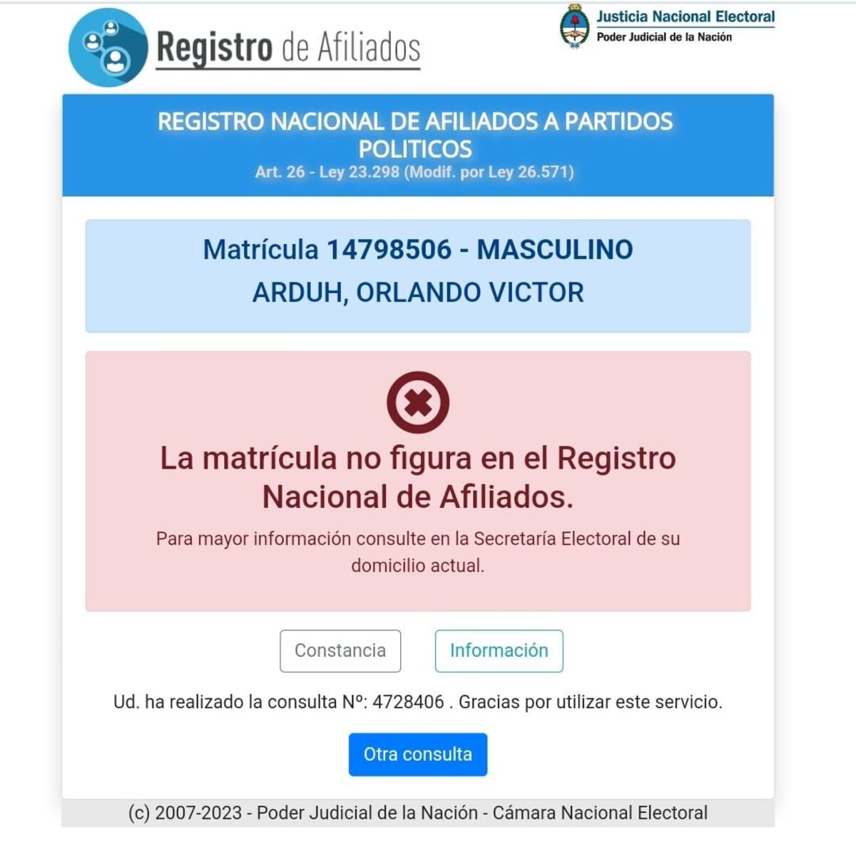 El radical ya no figura en el padrón como afiliado al radicalismo.