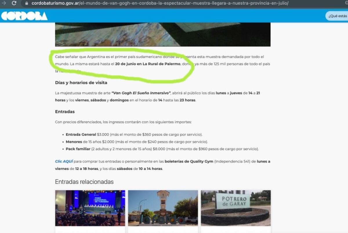 Captura de pantalla de la información de la Agencia Córdoba Turismo