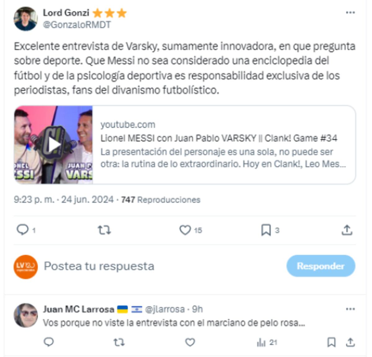 La entrevista de Juan Pablo Varsky a Lionel Messi dejó un tendal de comentarios positivos. (Captura)