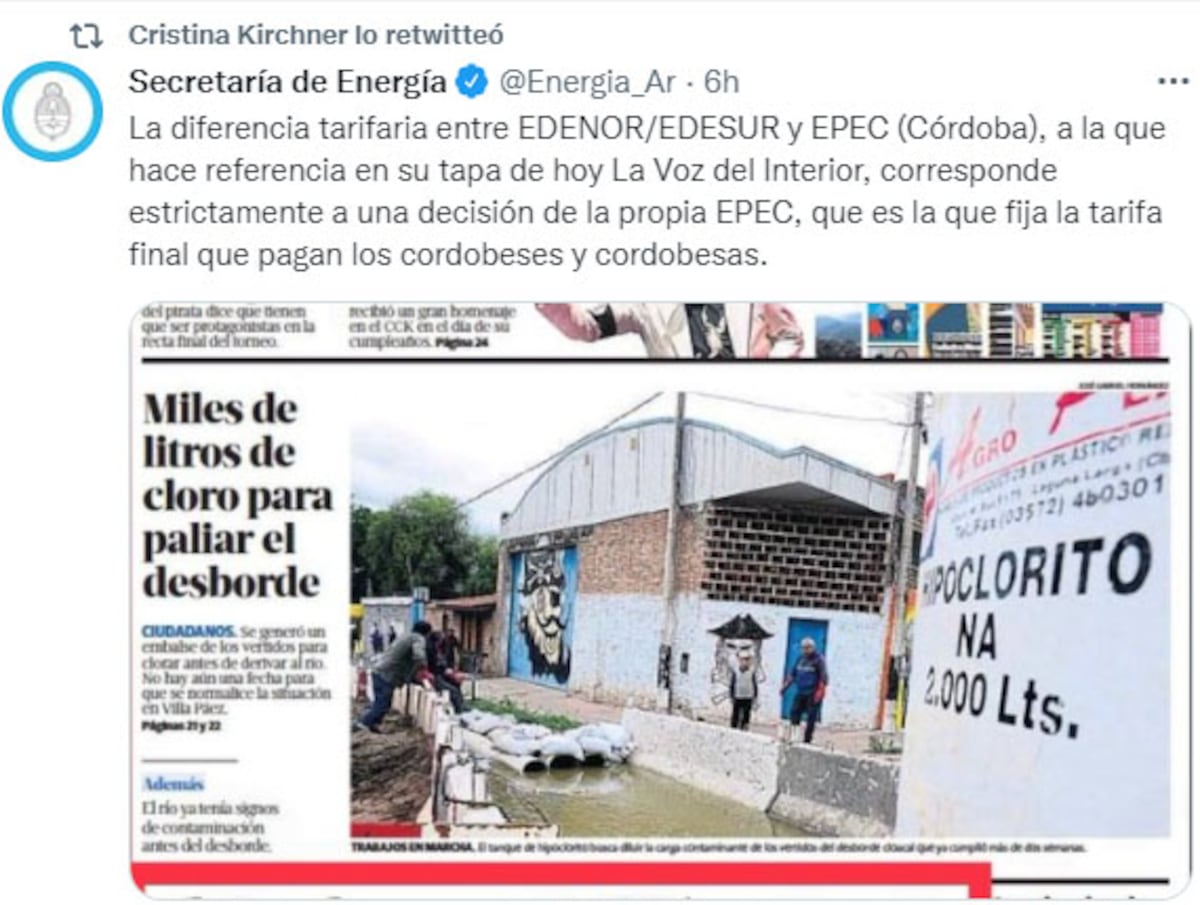 Tuit de Cristina Kirchner contra Córdoba por la tarifa de Epec