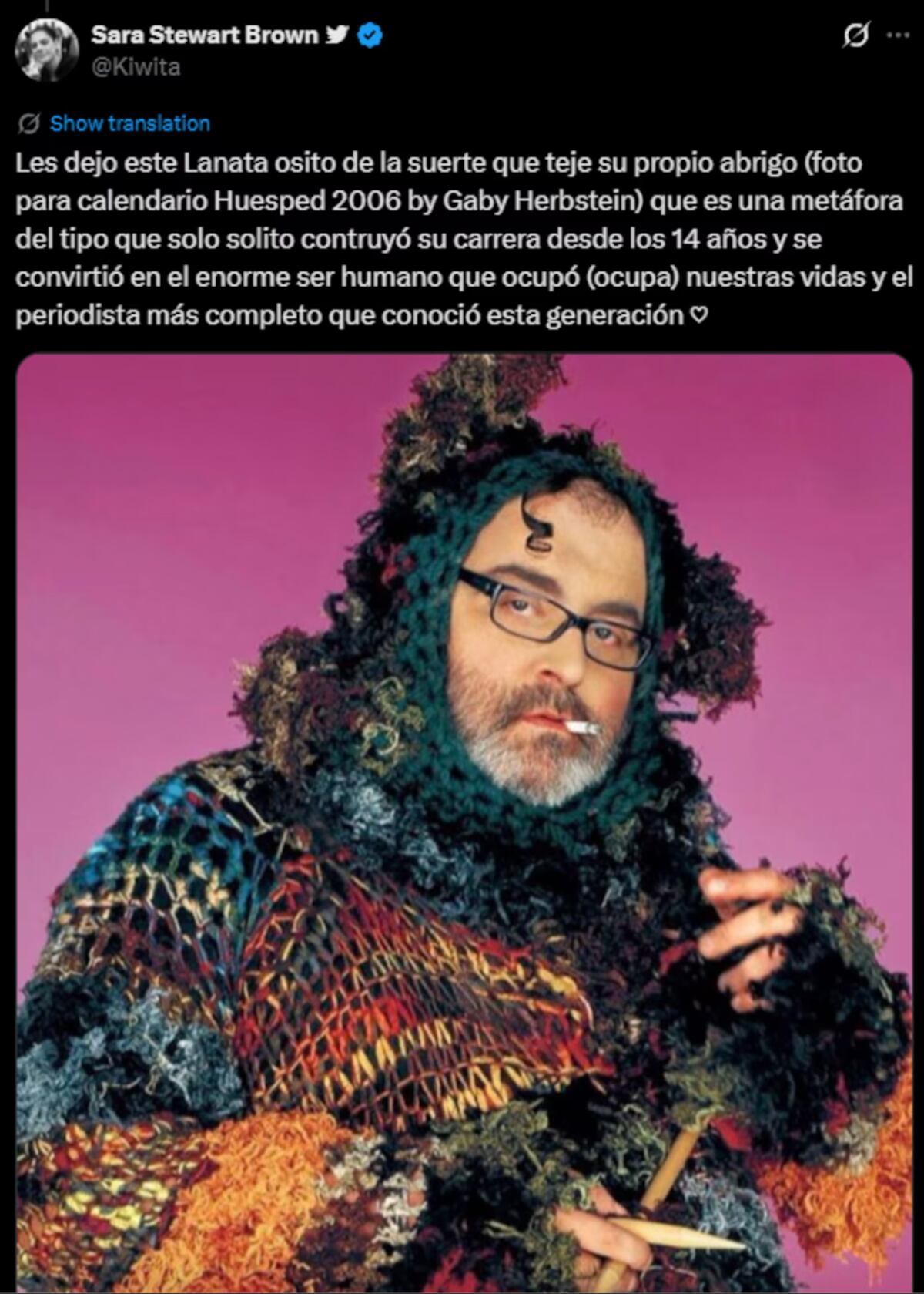 El texto y la foto para Fundación Huesped que compartió Sara Stewart Brown para recordar a Jorge Lanata, en el aniversario de su fallecimiento. (Foto: Captura de pantalla de X)
