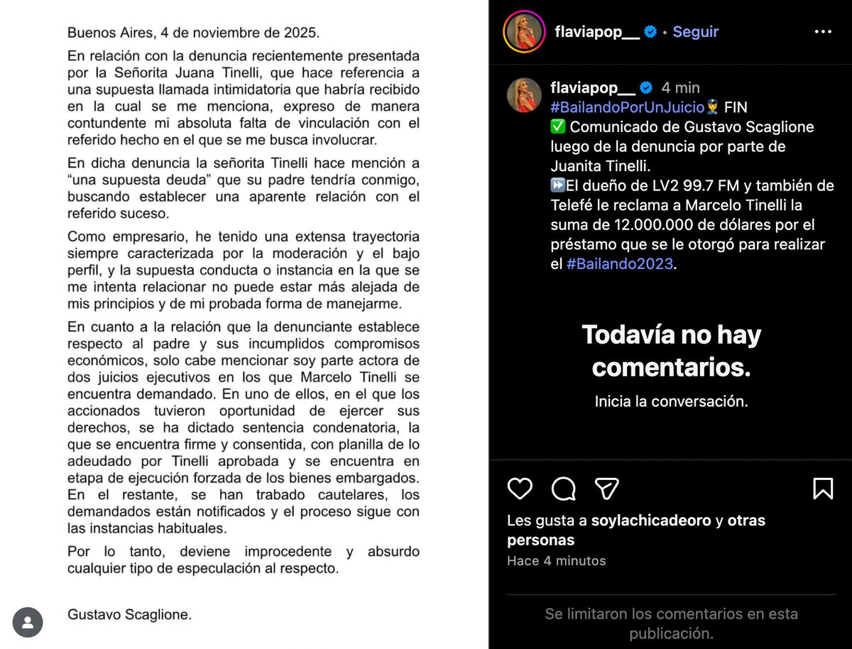 El comunicado de Gustavo Scaglione  que Flavia Pop compartió en su cuenta de Instagram. (Foto: Captura de pantalla)