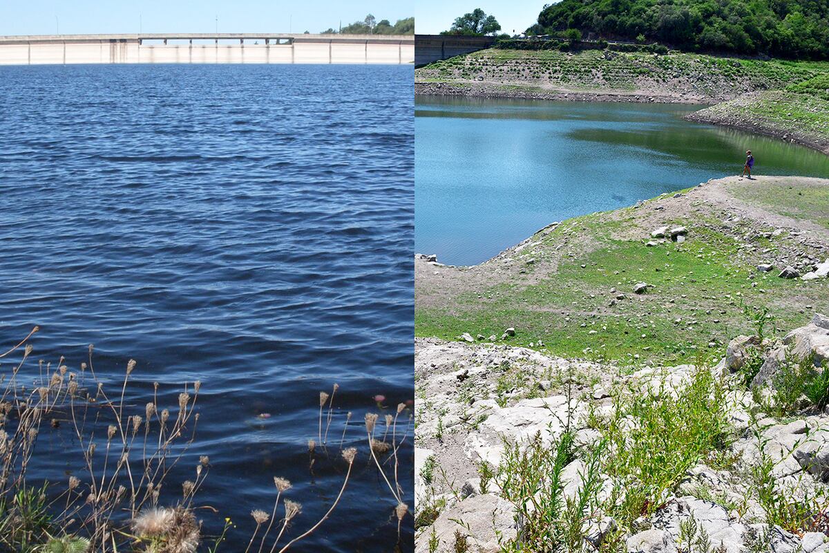 Dique La Quebrada. Antes y después de la sequía extrema que vive Córdoba. (Fotomontaje Martín Ferraro / La Voz)