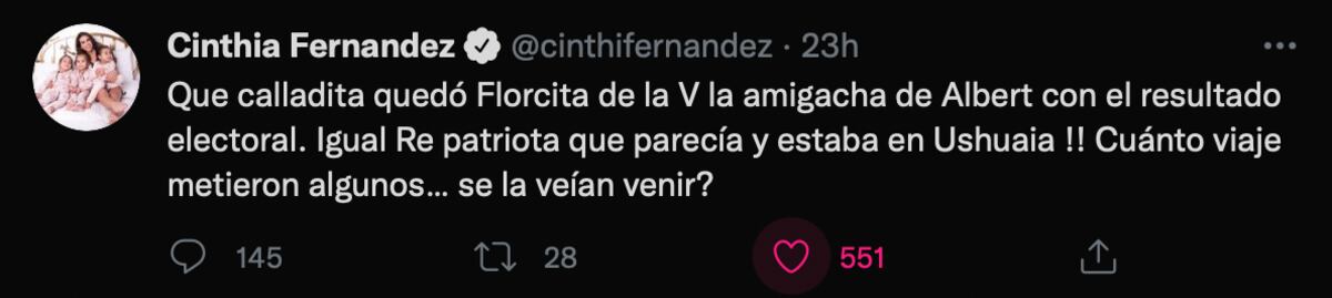 El tuit de Cinthia Fernández contra Flor de la Ve