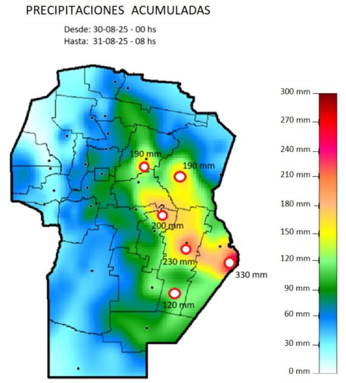 MAPA. Las precipitaciones en Córdoba durante Santa Rosa. (Gobierno de Córdoba)