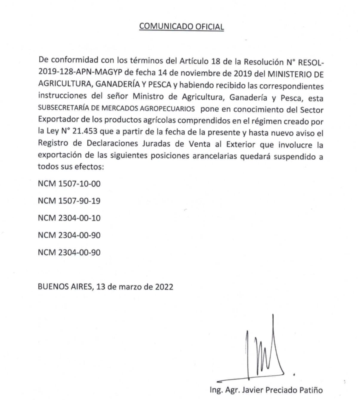 Resolución oficial que cierra la exportación de harina y aceite de soja