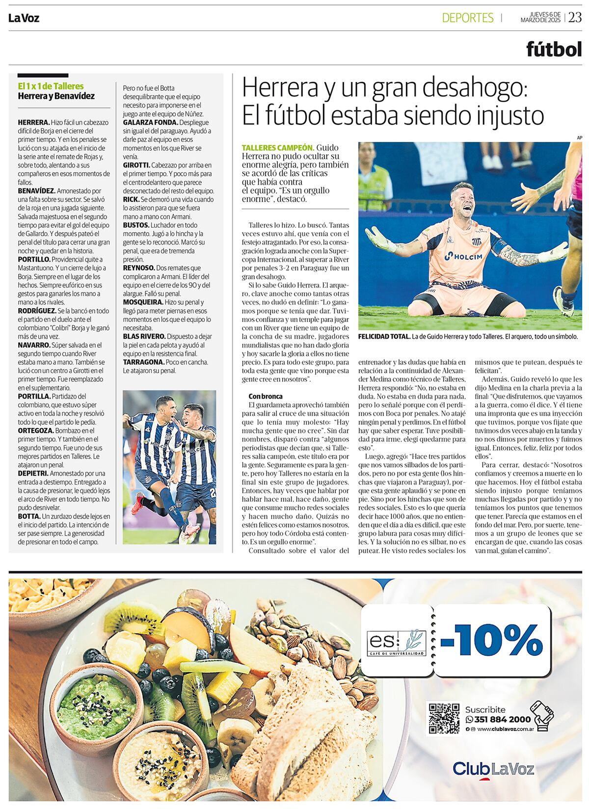 Talleres Campeón. Cobertura en el papel de La Voz. (La Voz)