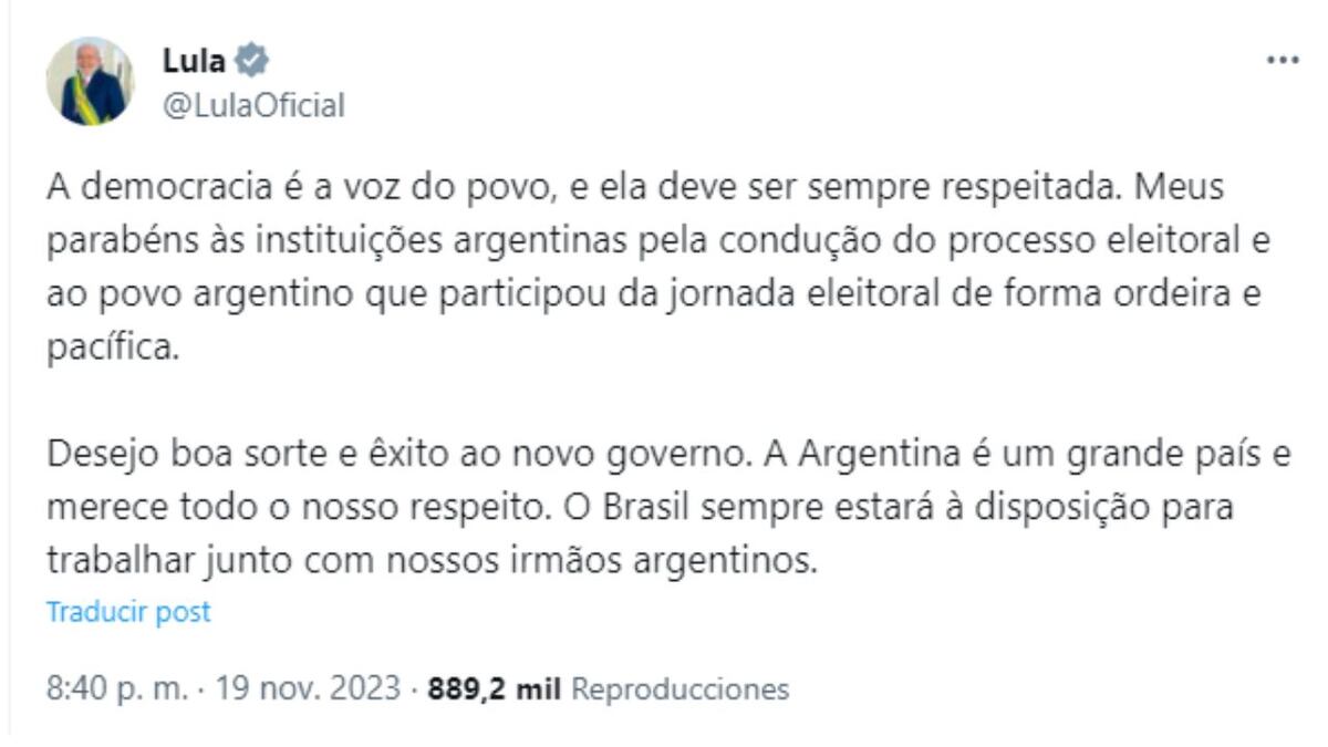 Sin mencionar a Milei, Lula le deseó “buena suerte” al gobierno electo y dijo que “estará disponible para trabajar juntos”.