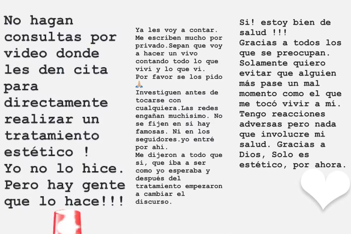Las historias de Eliana Guercio en donde denunció mala praxis de un centro de estética. (Foto: Captura de pantalla)