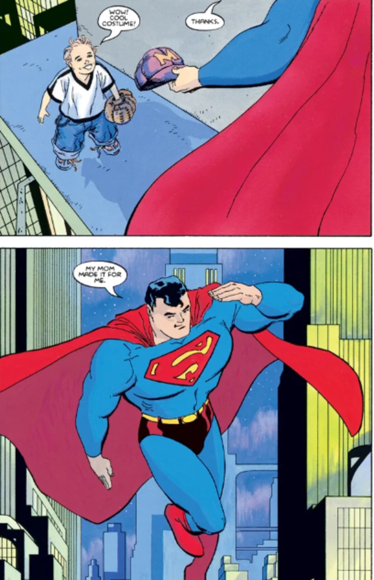 Viñeta de Superman For All Seasons #1.
"Wow! Buen Traje!" le dice un niño. "Gracias", contesta Superman, "me lo hizo mi mamá".