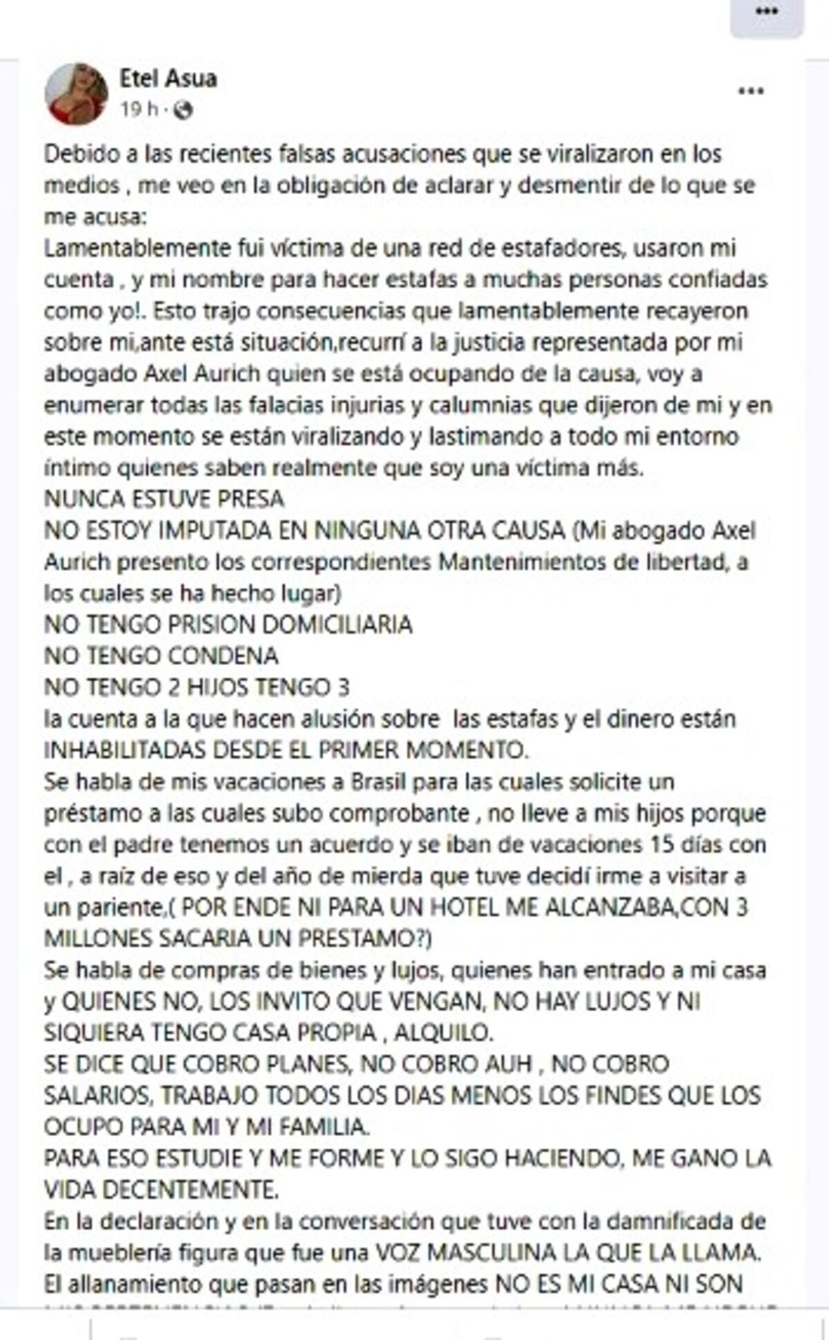 El descargo de Etel A. en redes sociales tras las acusaciones por estafa.