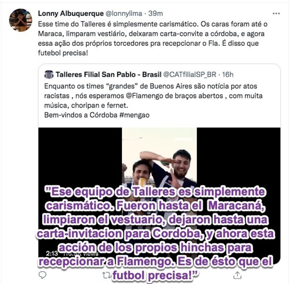 La hinchada de Flamengo elogiando a la de Talleres en redes sociales.