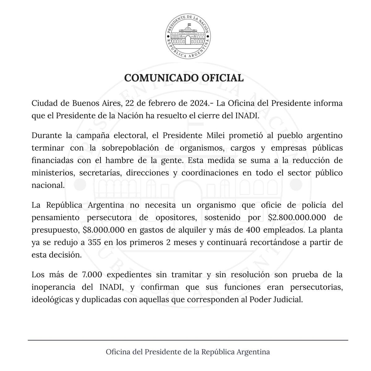 El posteo de la "Oficina del Presidente" acerca del cierre del Inadi. (X)