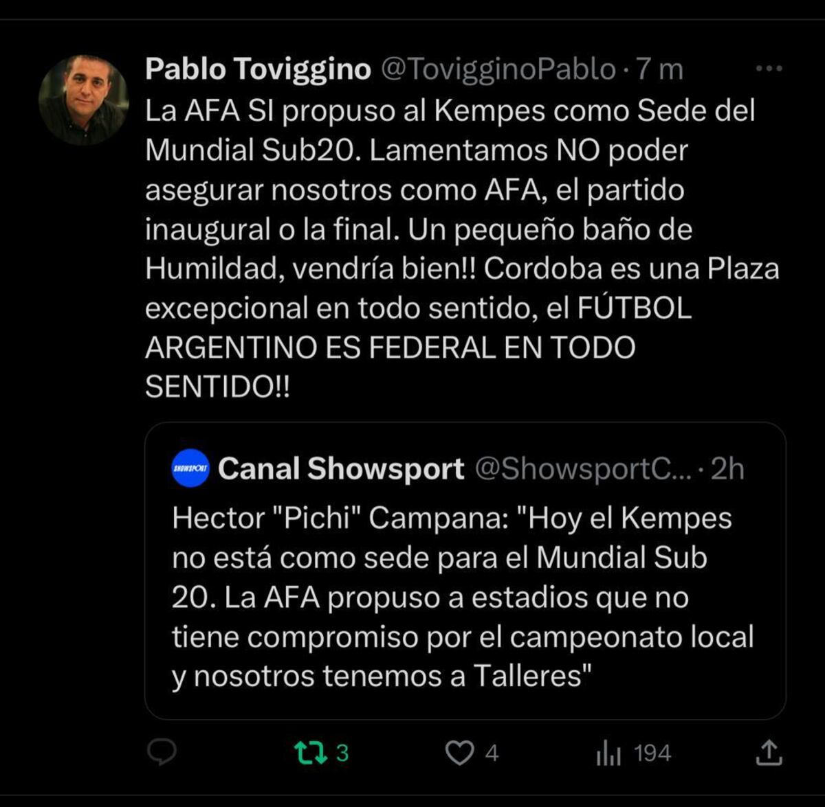 El tuit de Pablo Toviggino sobre el Mundial Sub 20 y la chance de Córdoba sea sede. (Captura).