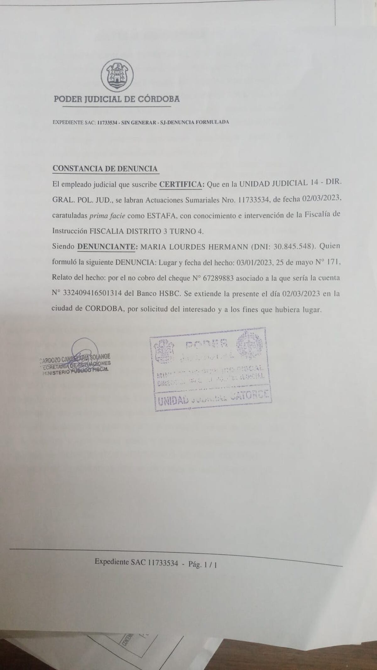  Denuncia realizada por Lourdes Hermann. (Gentileza Lourdes Herman)