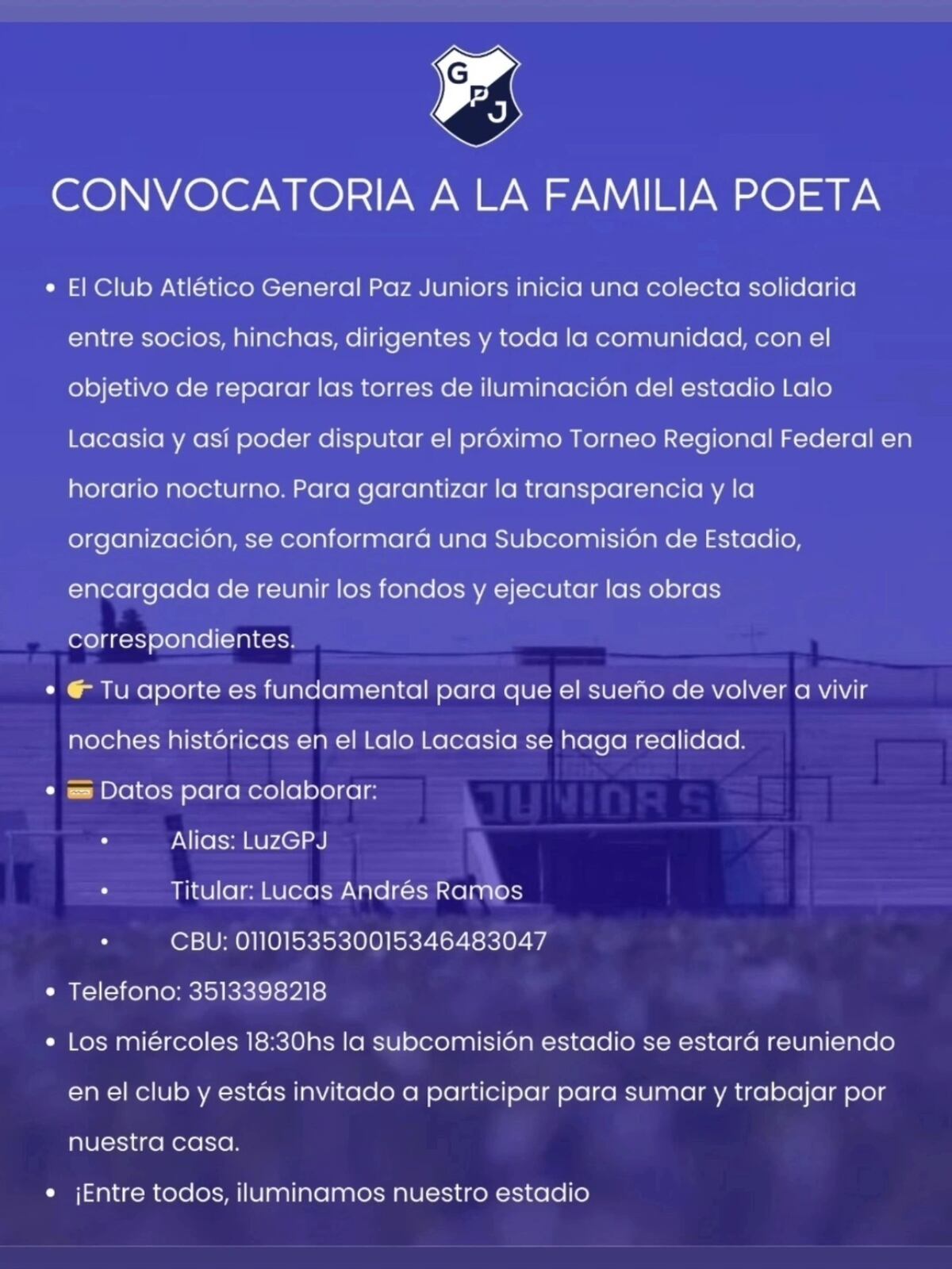 Juniors quiere volver a jugar de noche en su estadio.