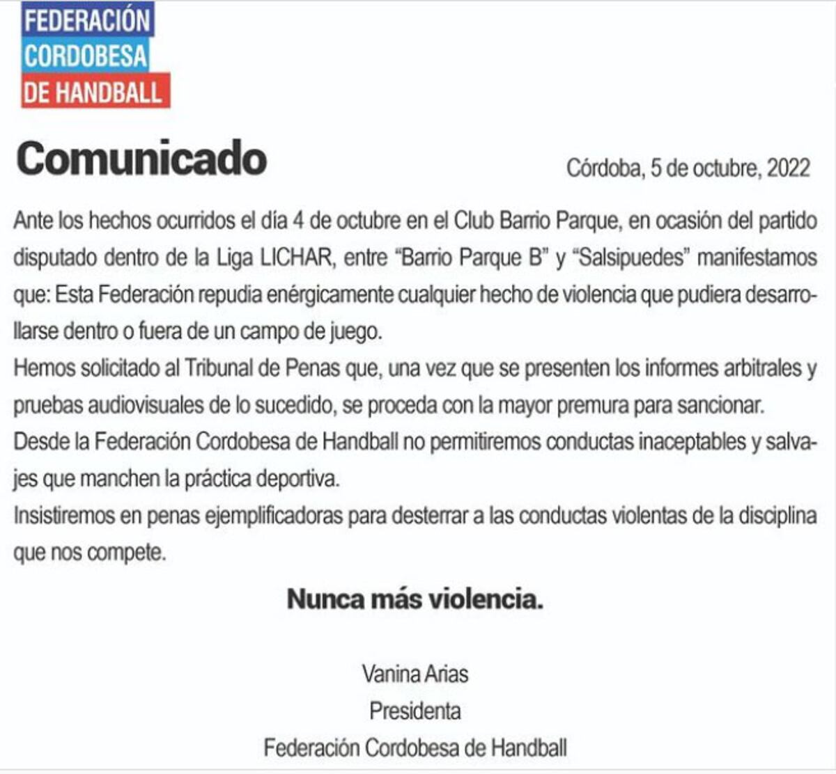 El comunicado de la Federación Cordobesa de Handball.
