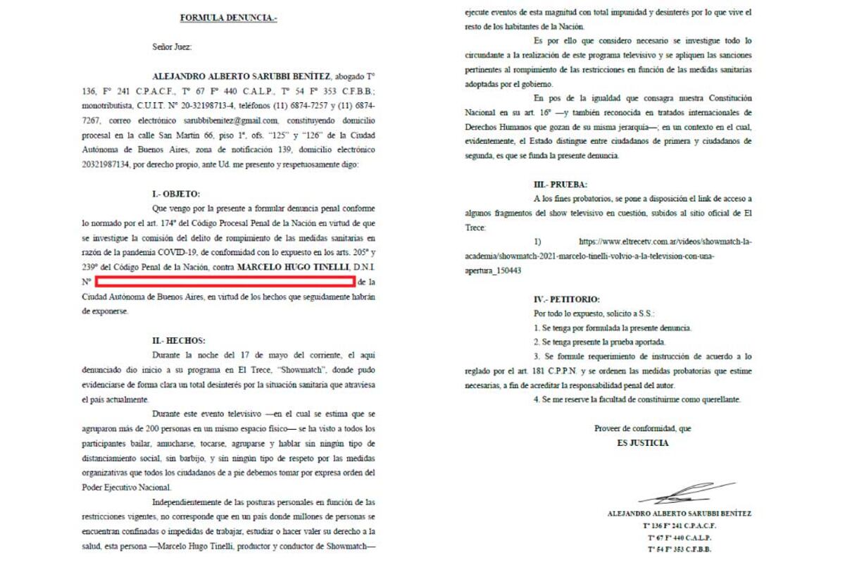La denuncia de Sarubbi Benítez a Showmatch. (Twitter Alejandro Sarubbi Benítez)