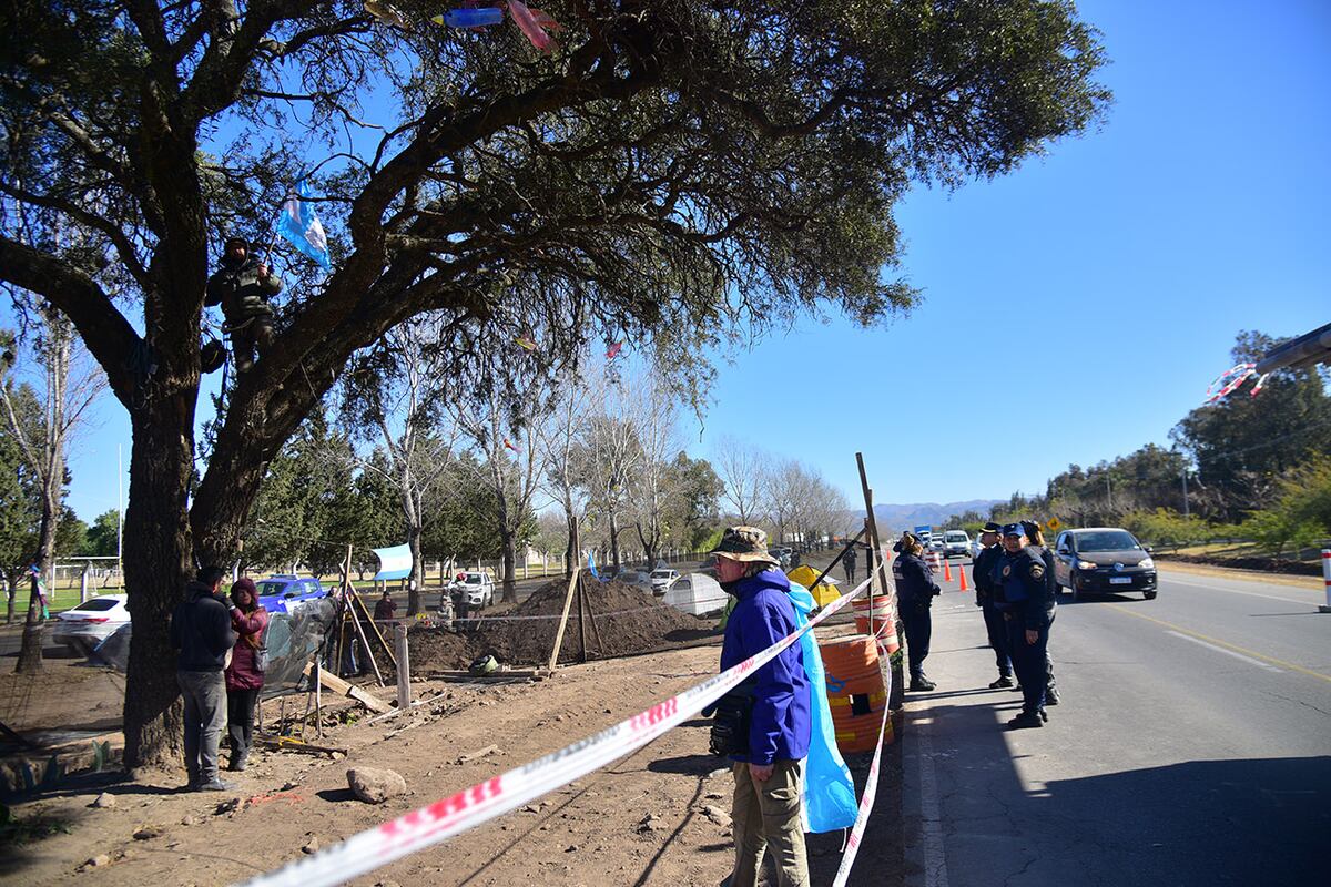 Un hombre se subió arriba del quebracho y una mujer se encadenó al ejemplar. (Pedro Castillo / La Voz)