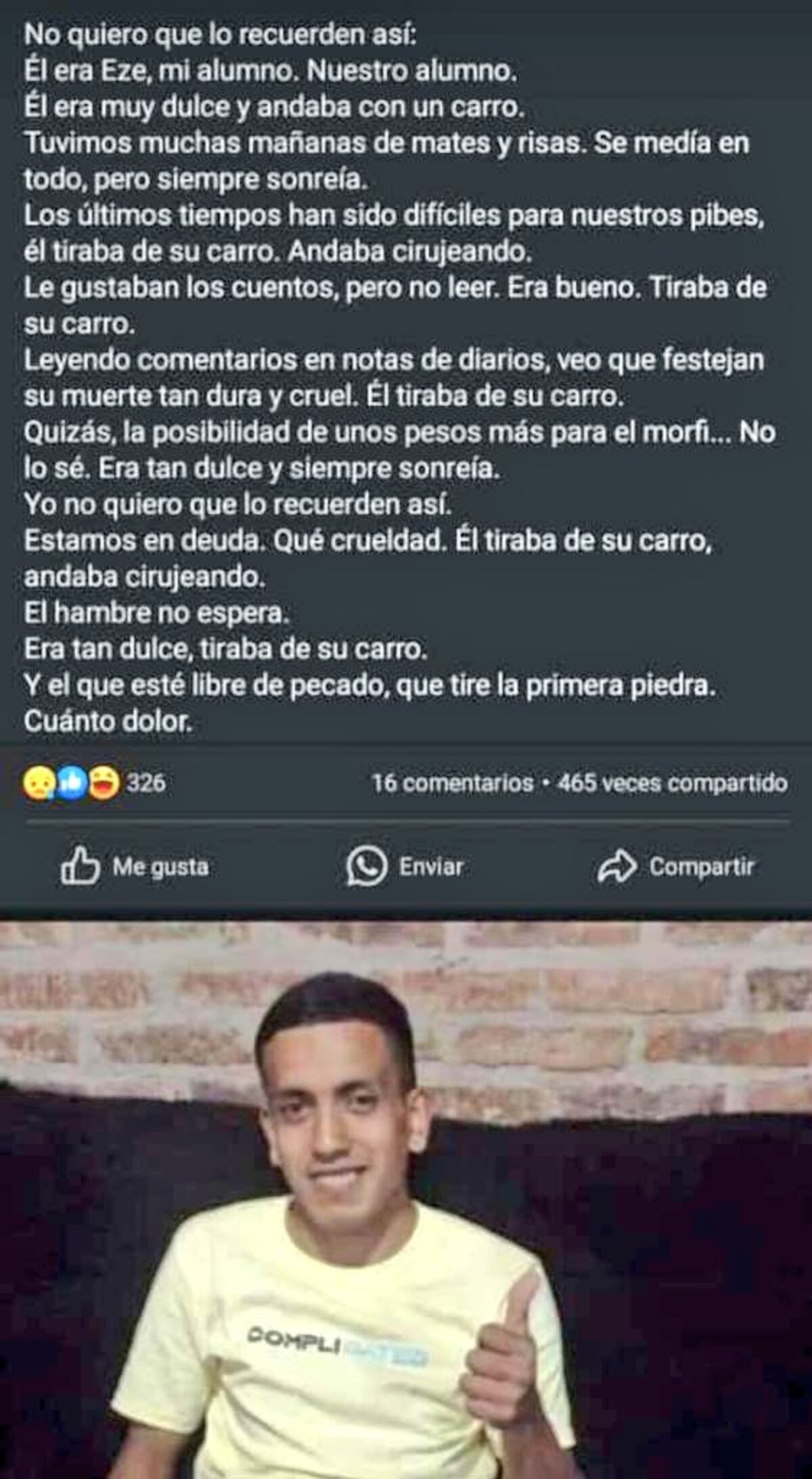 Rosario. El mensaje que compartió en Facebook una maestra de Ezequiel, el joven que murió calcinado en un intento de robo de cables (Captura de redes).