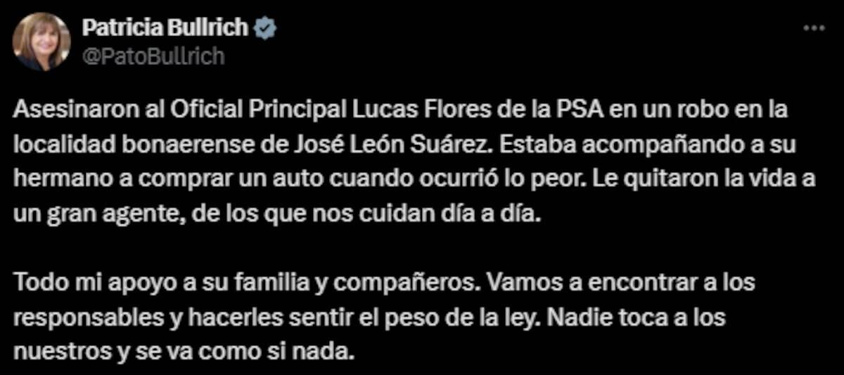 La indignación de Patricia Bullrich tras el asesinato de un agente de la PSA.