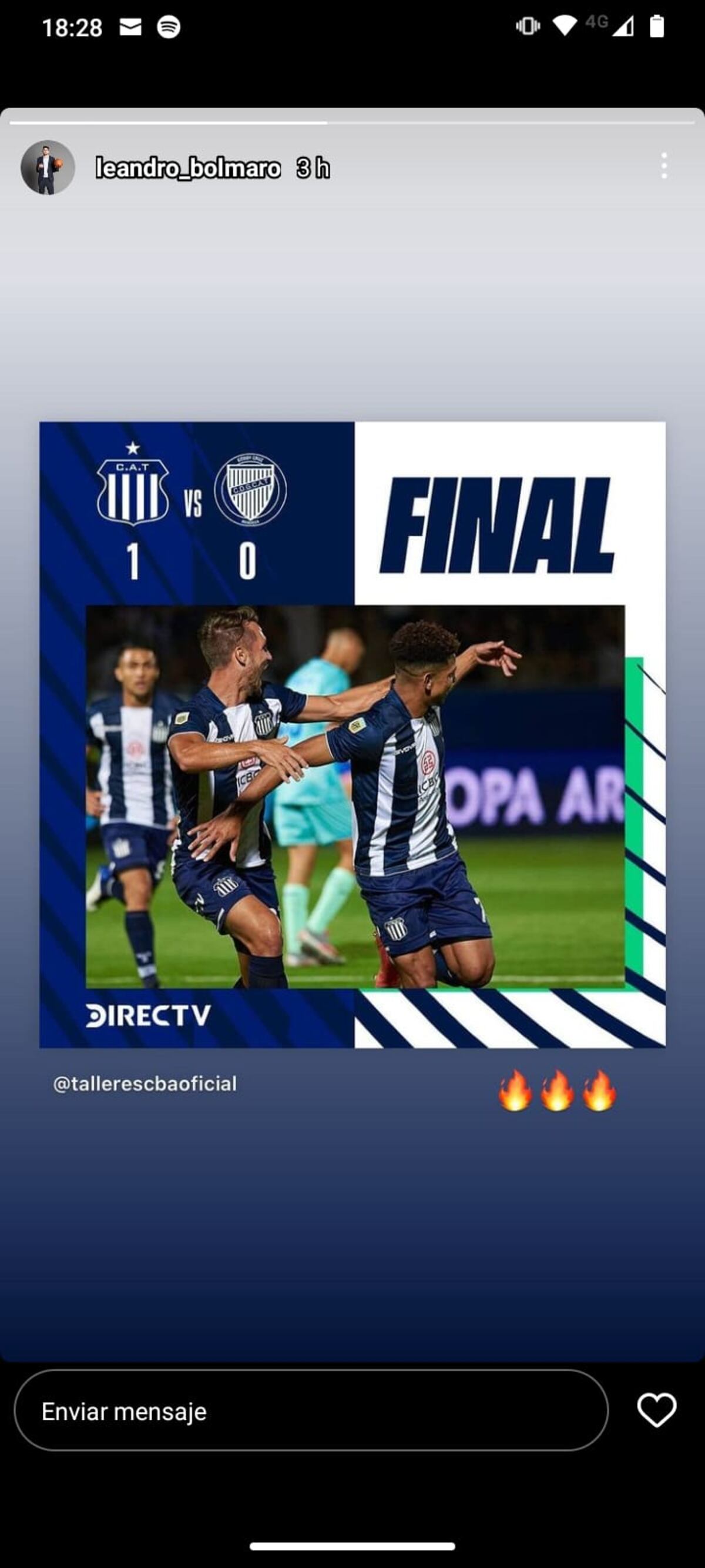 Leandro Bolmaro celebró en Instagram la clasificación de Talleres a la final de la Copa Argentina.