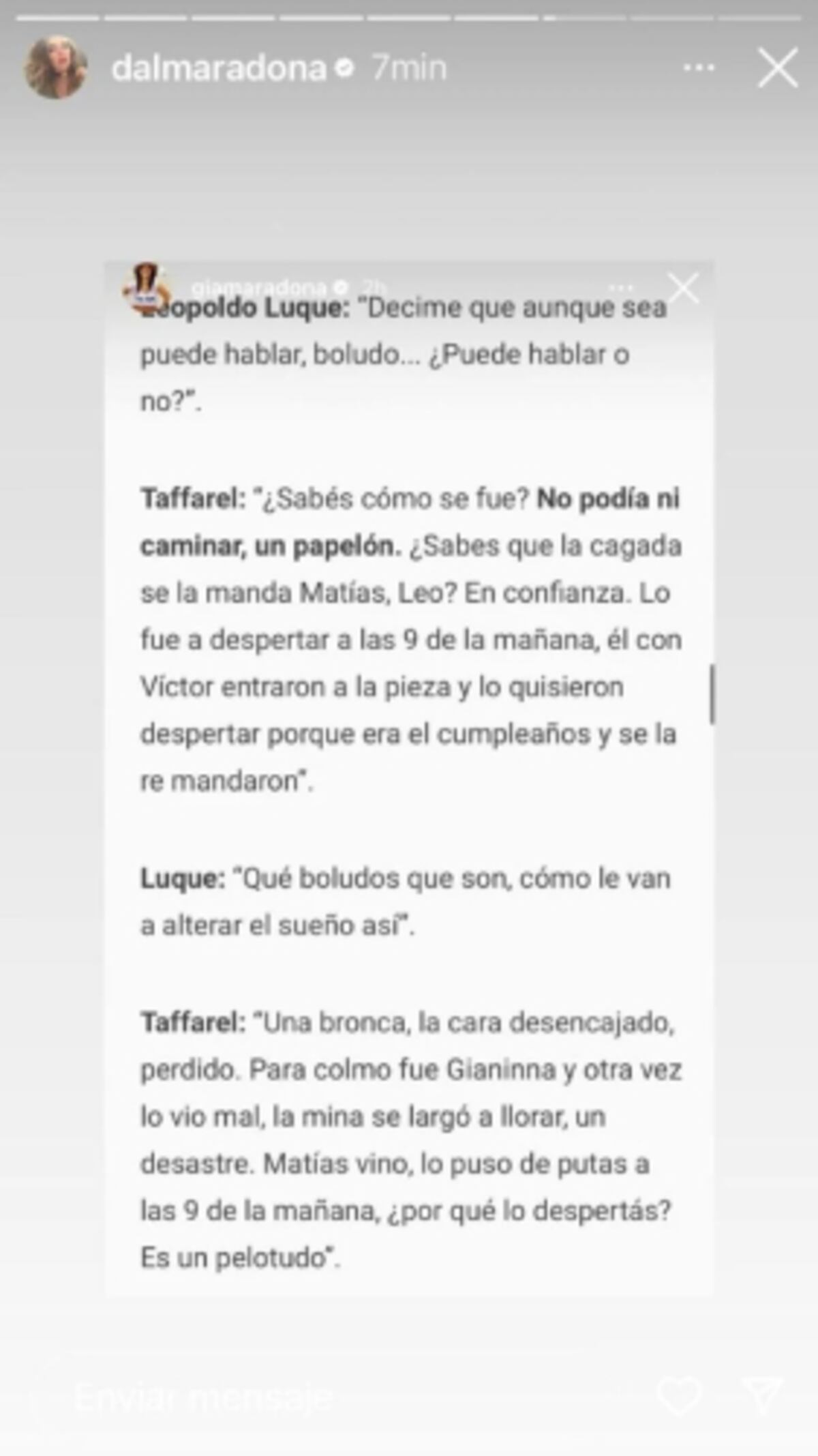 Dalma Maradona y su descargo en redes. (Captura de Instagram)