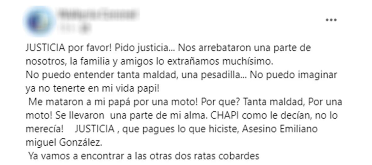 El posteo de la hija de Carlos "Chapi" Coronel, asesinado en Isidro Casanova, La Matanza. (Facebook)