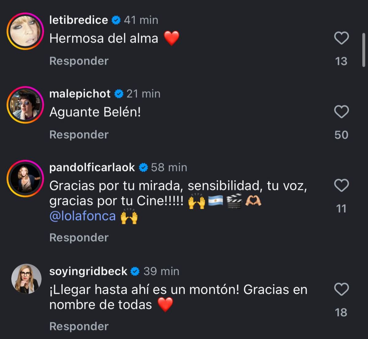 Los comentarios de apoyo y felicitaciones de las figuras argentinas