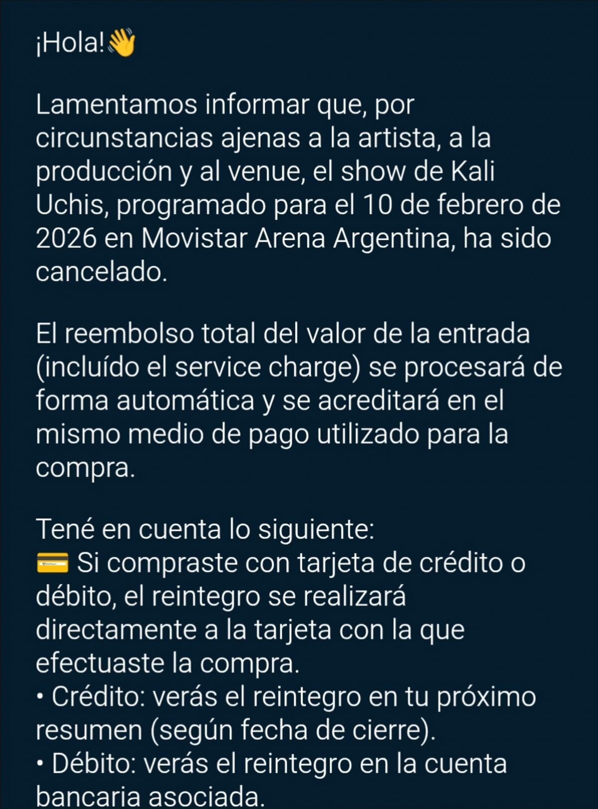 El mensaje enviado a los fanáticos de Kali Uchis que compraron entradas para su show en Buenos Aires. (Foto: Captura de pantalla)
