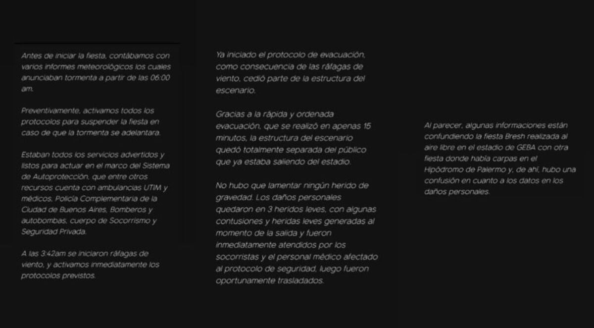 El comunicado de La Bresh Buenos Aires tras el temporal (Capturas de pantalla)
