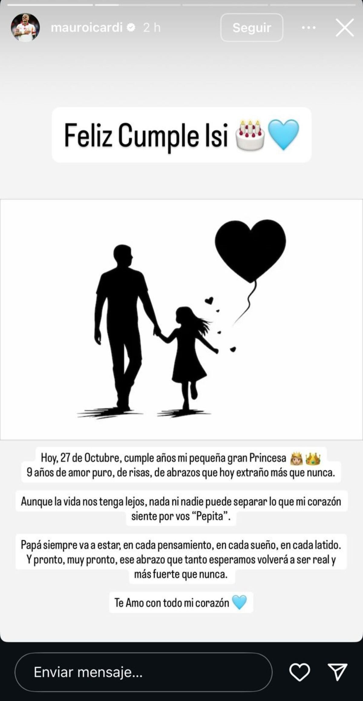 Fuerte dedicatoria para su hija Isabella