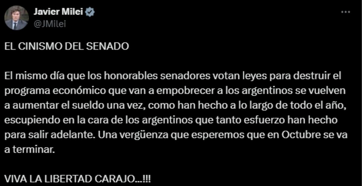 Milei criticó al senado por el aumento de sueldos y rechazo los decretos claves. (X)