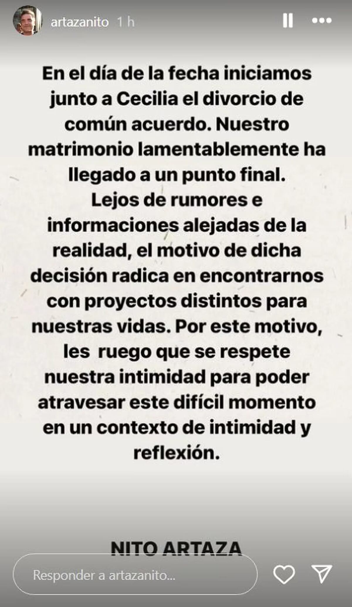Nito Artaza anunció que con Cecilia Milone iniciaron formalmente el proceso de divorcio. (Instagram Nito Artaza)