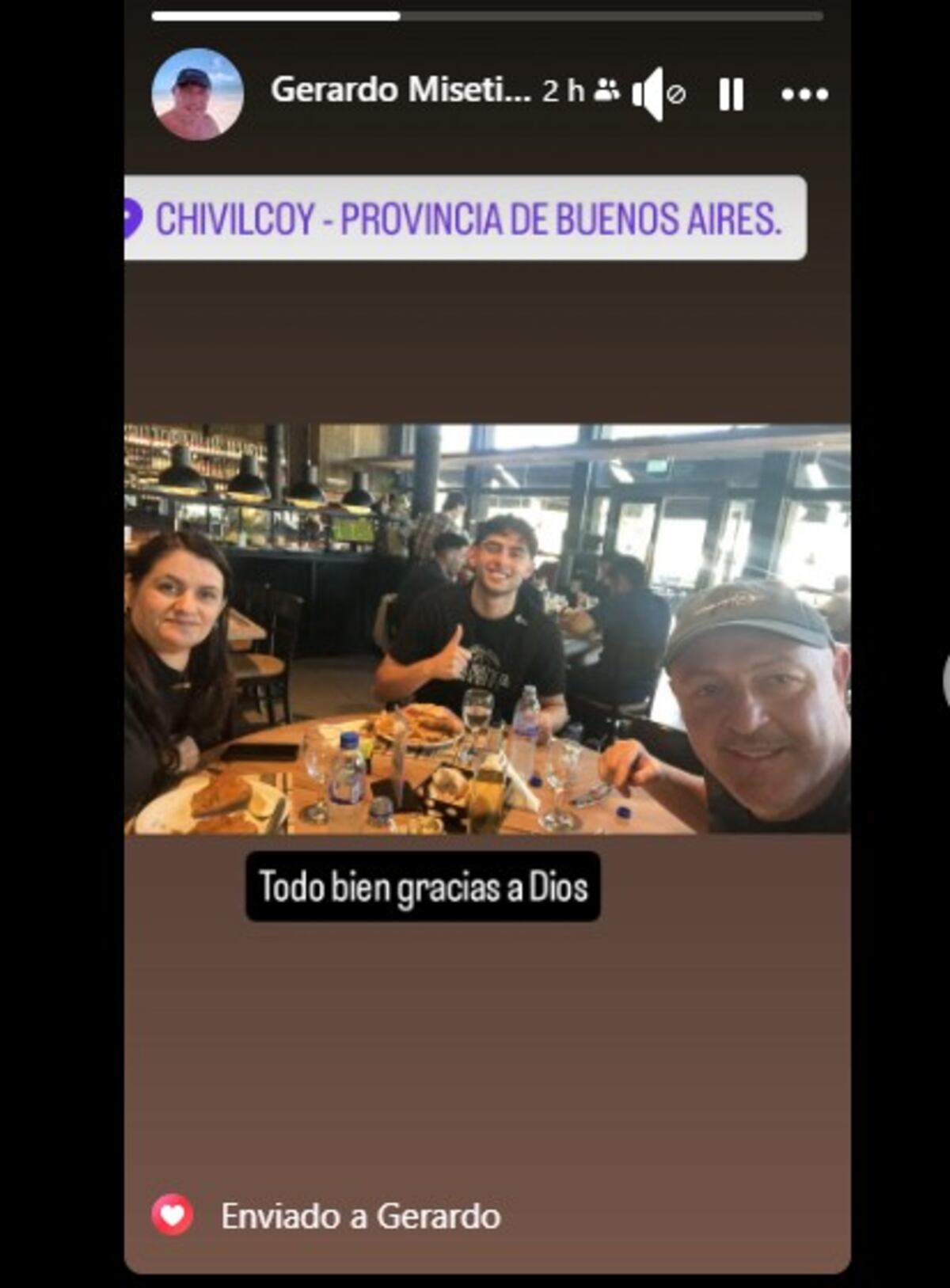 La publicación en redes del padre de Germán Misetich, el juvenil de Atenas que se descompensó en la noche del lunes en Chivilcoy. (Face Gerardo Misetich)