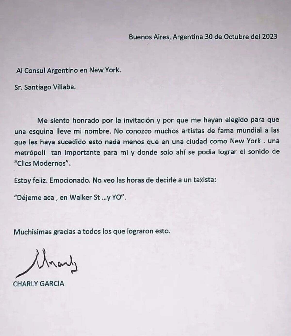 La reacción de Charly al conocer que una esquina de Nueva York lleva su nombre.