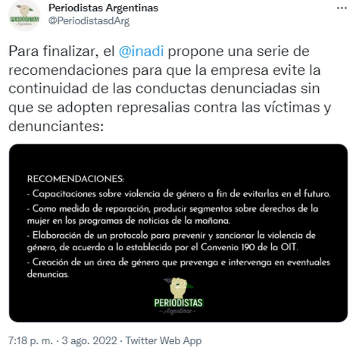El hilo de Twitter de Periodistas Argentinas sobre el dictamen del INADI acerca de las denuncias contra Antonio Laje y Grupo América (Captura de pantalla)